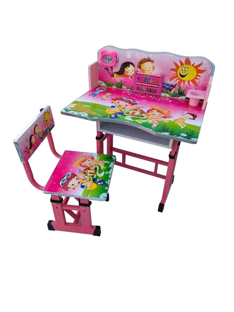 Birou mare cu scaun pentru copii, reglabile, cadru metalic si lemn, roz/pink