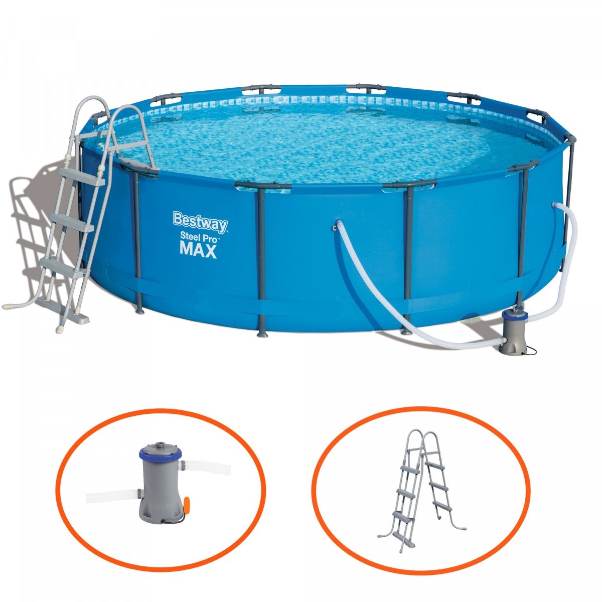 Piscina cu cadru metalic Bestway Pro Max, rotunda, cu pompa de filtrare + scara, 366 x 100 cm