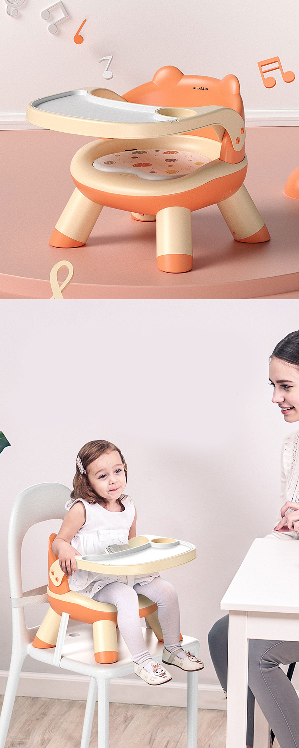 Scaun de masa Karemi, pentru bebe, multifunctional, cu tavita, din PVC, orange