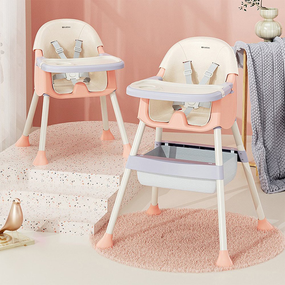 Scaun de masa Karemi, pentru bebe, multifunctional, cu tavita si compartiment depozitare, roz