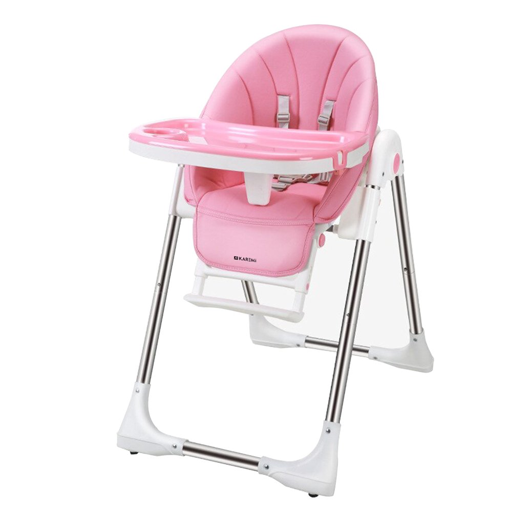 Scaun de masa Karemi, pentru bebe, multifunctional, din piele ecologica, cu tavita si suport picioare, roz