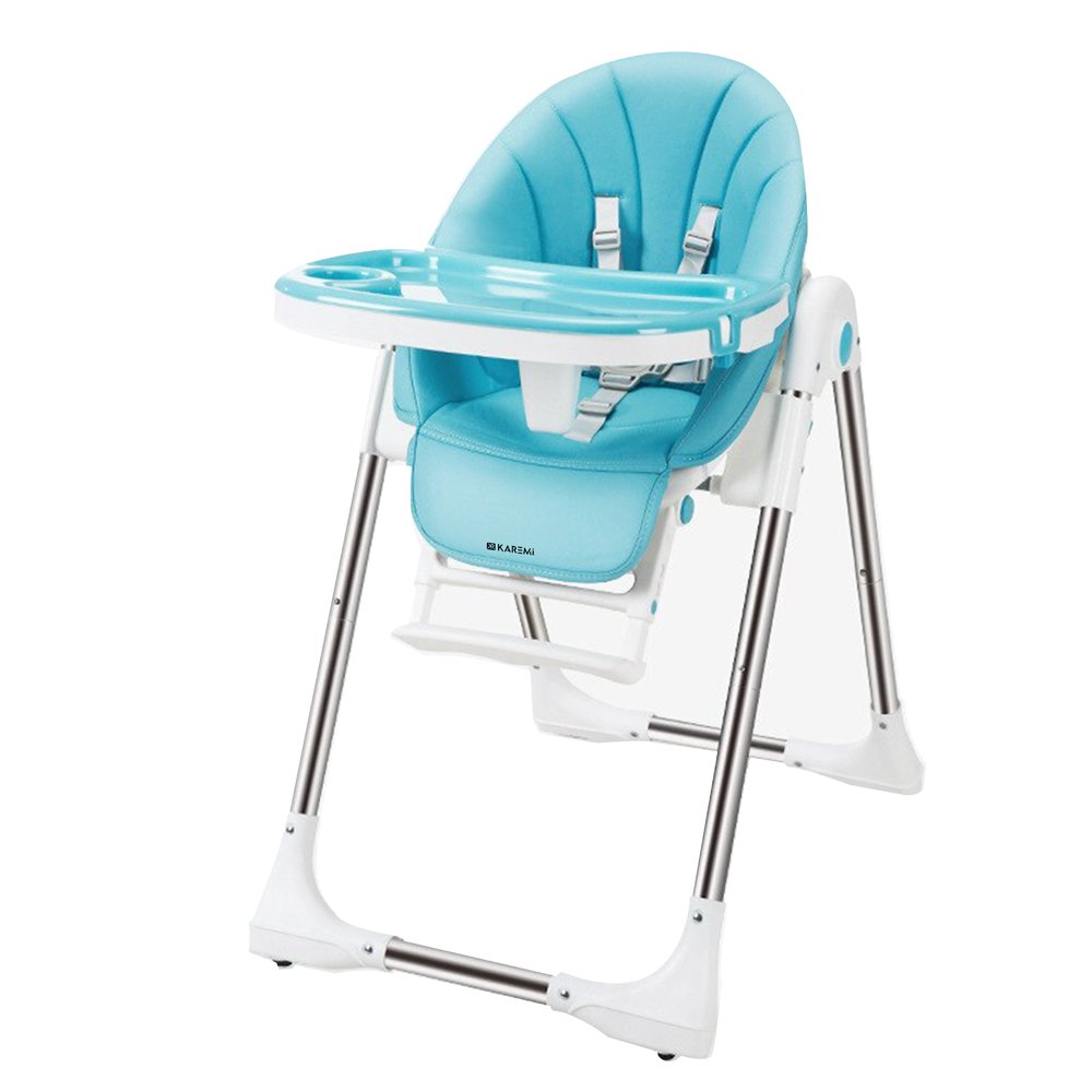 Scaun de masa Karemi, pentru bebe, multifunctional, din piele ecologica, cu tavita si suport picioare, albastru