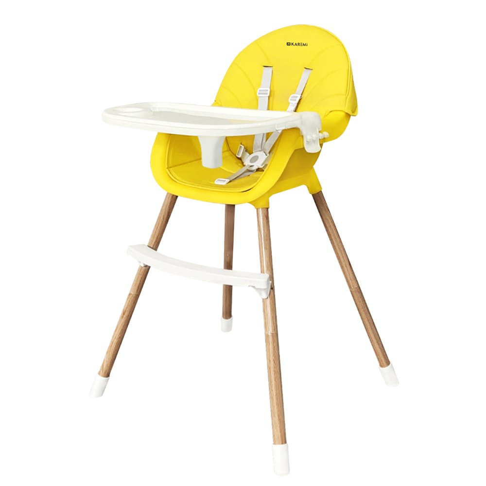 Scaun de masa Karemi, pentru bebe, multifunctional, cu tavita si picioare lemn, galben