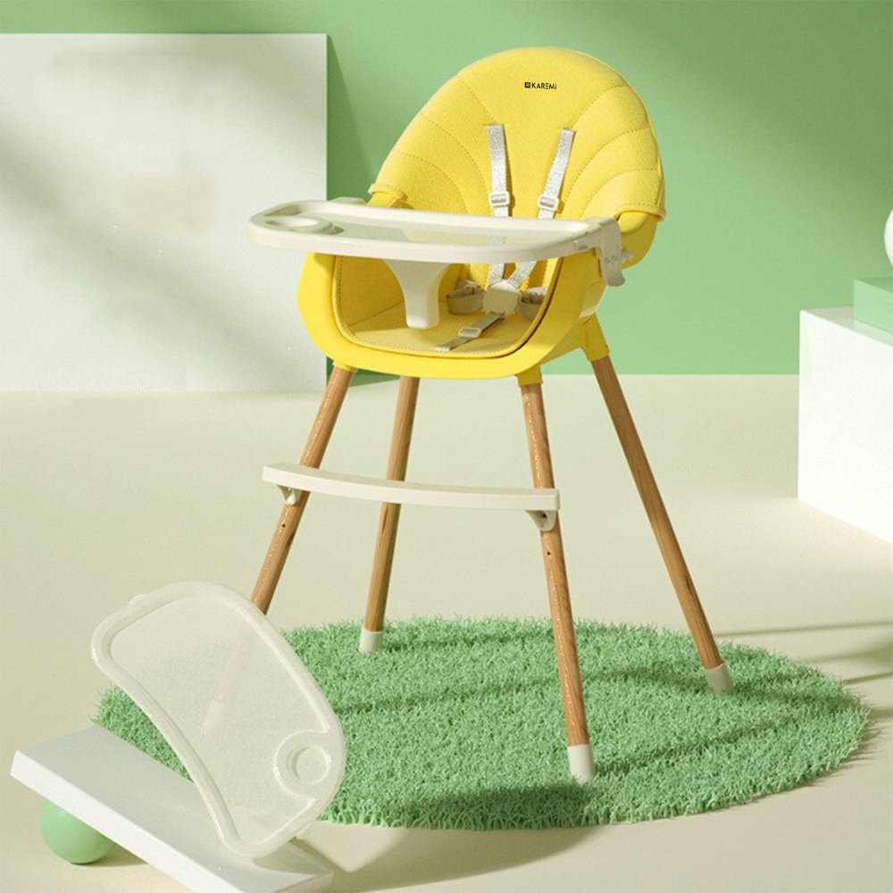 Scaun de masa Karemi, pentru bebe, multifunctional, cu tavita si picioare lemn, galben