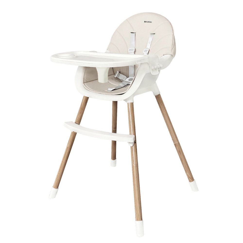 Scaun de masa Karemi, pentru bebe, multifunctional, cu tavita si picioare lemn, bej