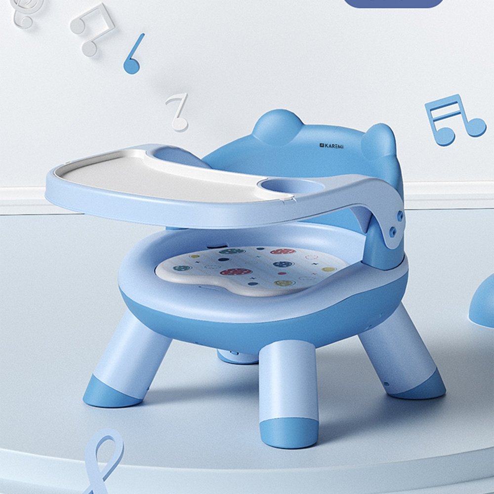 Scaun de masa Karemi, pentru bebe, multifunctional, cu tavita, din PVC, albastru