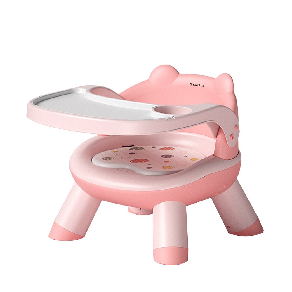 Scaun de masa Karemi, pentru bebe, multifunctional, cu tavita, din PVC, roz