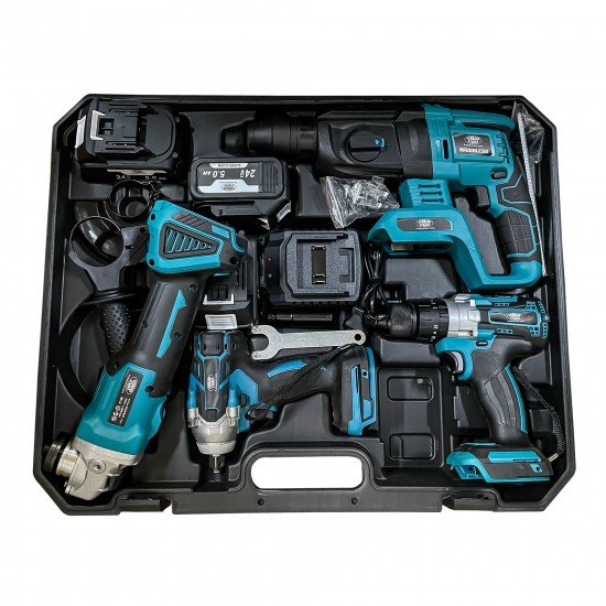Bormasina cu impact + bormasina de gaurit + insurubat + flex + ciocan rotopercutor cu 3 acumulatori 36v, 8ah